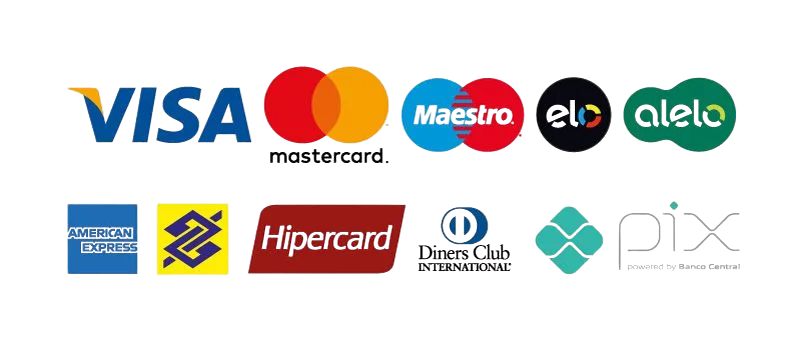 Métodos de pagamento aceitos: Visa, Mastercard, Maestro, Elo, Alelo, American Express, Banco do Brasil, Hipercard, Diners Club e Pix